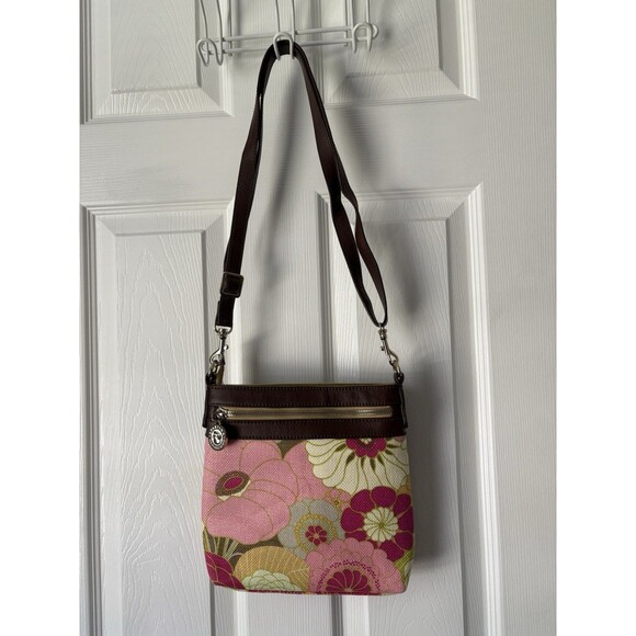 SPARTINA 449 Floral Canvas w. Leather Trim Crossbody Bag Pink/ Green - Picture 2 of 8